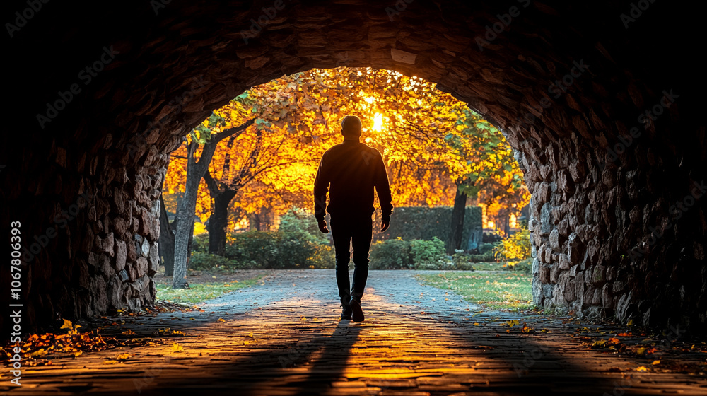 Fototapeta premium man walks alone in a dark underpass, with a bright light shining at the end of the tunnel, symbolizing hope, struggle, and the journey towards a brighter future