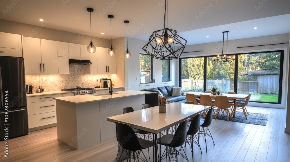 Modern Kitchen and Dining Area with Glass Doors Leading to Backyard Modern Kitchen and Dining Area with Glass Doors Leading to Backyard