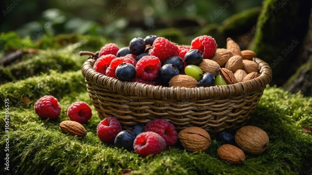 A woven basket filled with fresh berries and almonds on a mossy forest floor. A woven basket filled with fresh berries and almonds on a mossy forest floor.