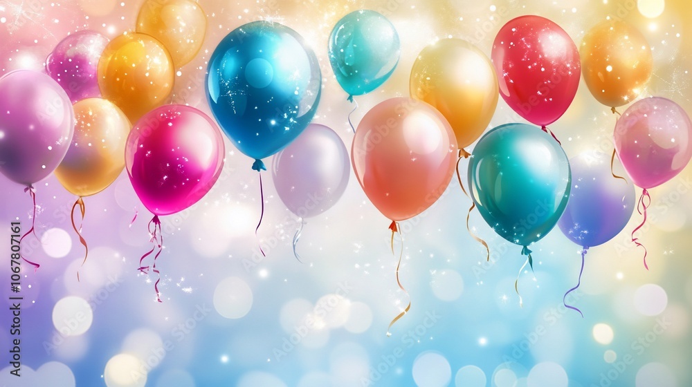 A cluster of colorful balloons against a shimmering, pastel background. The balloons are various shades of pink, blue, green, yellow, and gold. Some of the balloons have ribbons attached. A cluster of colorful balloons against a shimmering, pastel background. The balloons are various shades of pink, blue, green, yellow, and gold. Some of the balloons have ribbons attached.