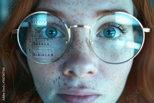 Close-Up of Woman's Face with Eye Chart Reflection photo