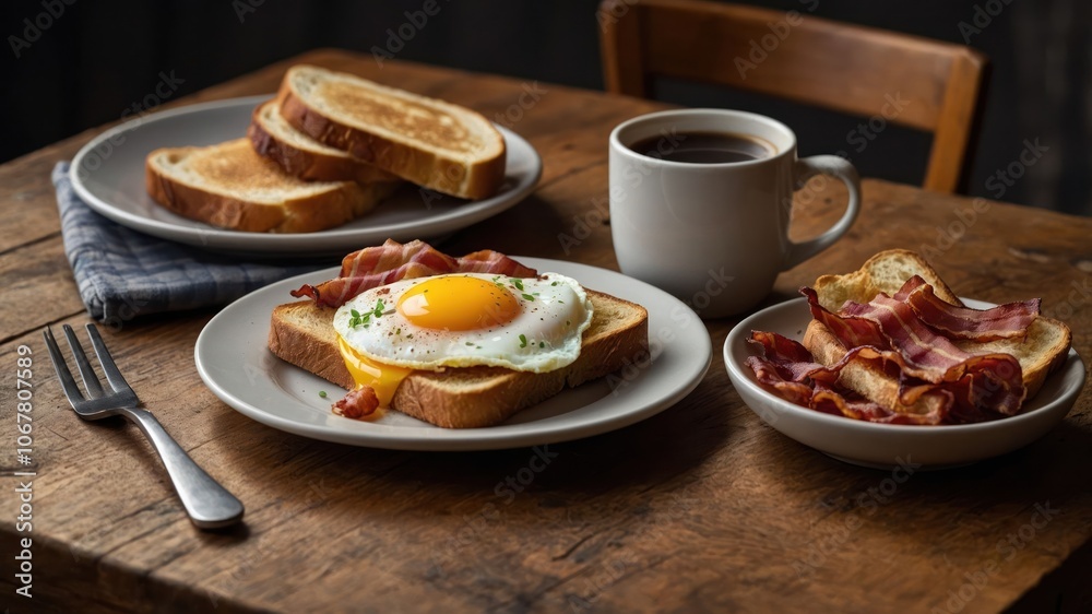 A hearty breakfast featuring toast, a fried egg, bacon, and coffee on a rustic wooden table. A hearty breakfast featuring toast, a fried egg, bacon, and coffee on a rustic wooden table.
