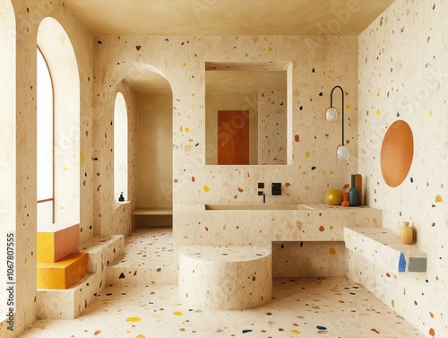 Modern bathroom interior with terrazzo walls and a sink
