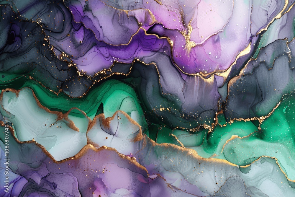 Obraz premium Abstract Fluid Art Painting with Alcohol Ink Technique, Marble Texture, Gold Cracks, Green and Purple, Mint, Pink, Dark Gray, White Background