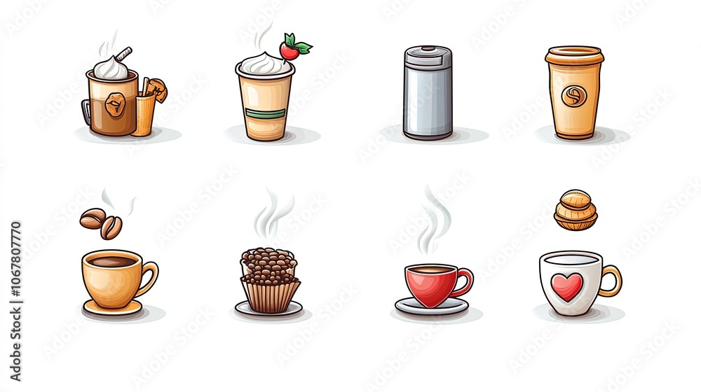 A collection of illustrated coffee and dessert icons. A collection of illustrated coffee and dessert icons.