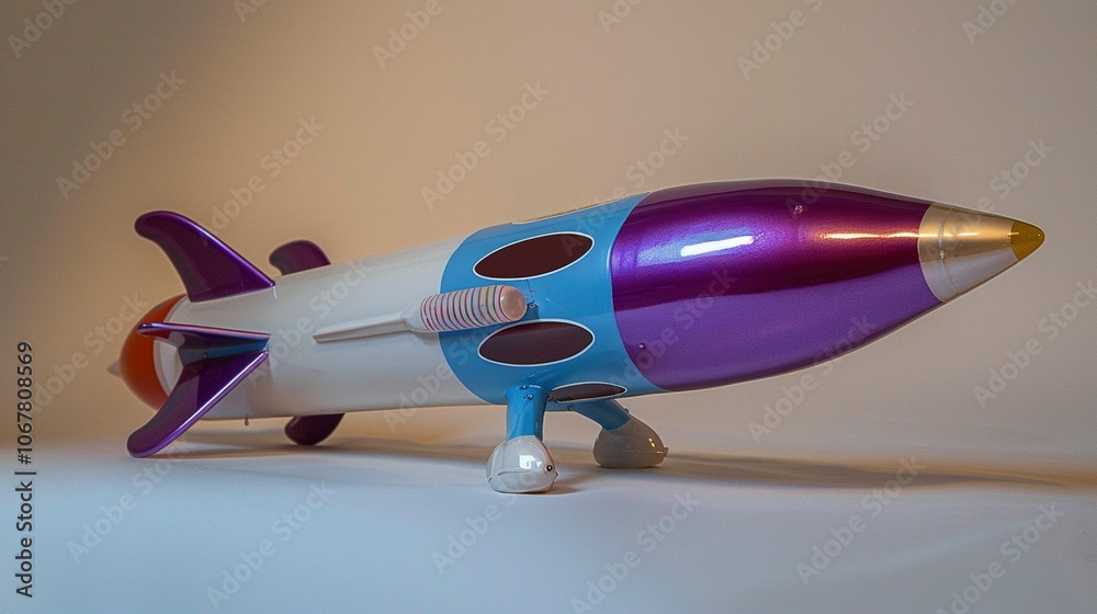 A Purple and White Rocket with Legs and a Striped Detail A Purple and White Rocket with Legs and a Striped Detail
