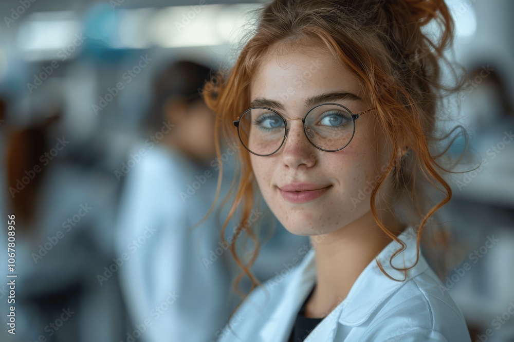 Young Female Scientist in White Lab Coat and Glasses in Modern Science Laboratory with Team of Researchers Young Female Scientist in White Lab Coat and Glasses in Modern Science Laboratory with Team of Researchers