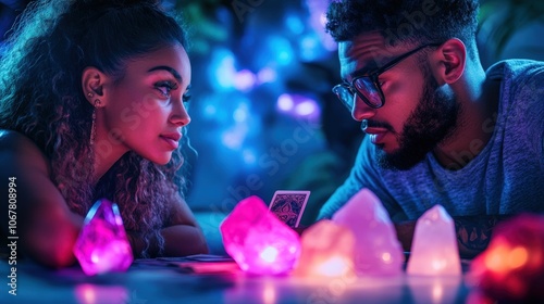 A close-up look at a couple deeply focused on a mystical card reading session, surrounded by an array of glowing crystals that illuminate their concentrated expressions. photo