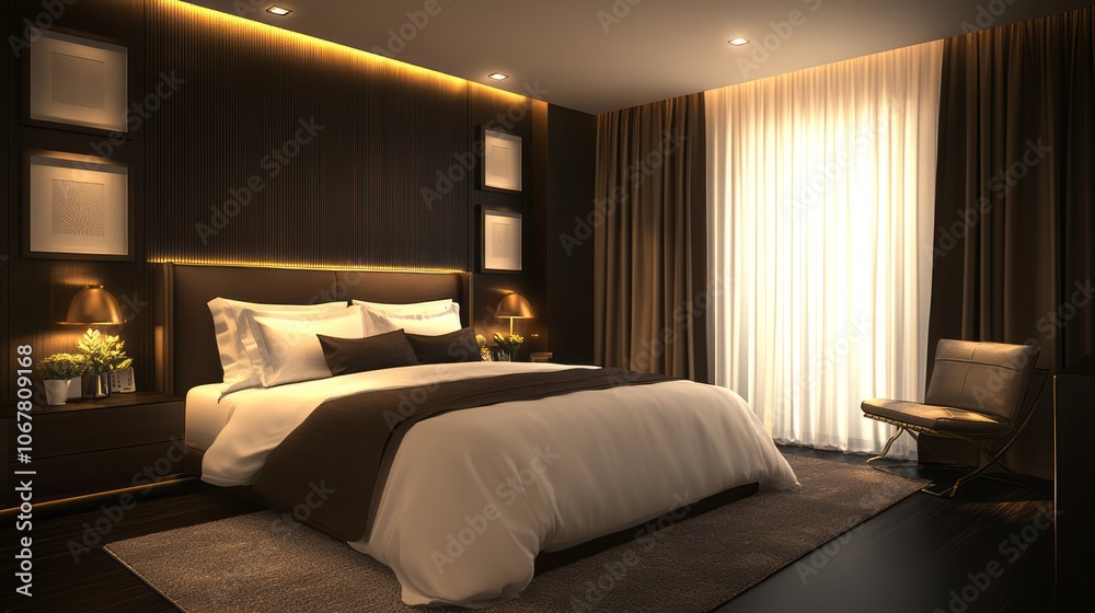 Modern Bedroom Interior with Dark Wood Paneling and a Luxurious Bed Modern Bedroom Interior with Dark Wood Paneling and a Luxurious Bed