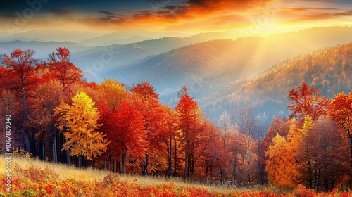 Golden Hour Sunset Over Autumnal Mountain Range