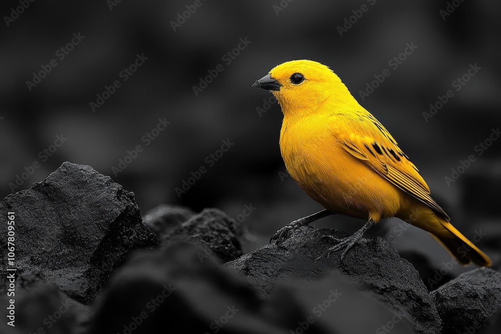 Striking black-and-white photograph of a yellow canary in mid-flight Striking black-and-white photograph of a yellow canary in mid-flight