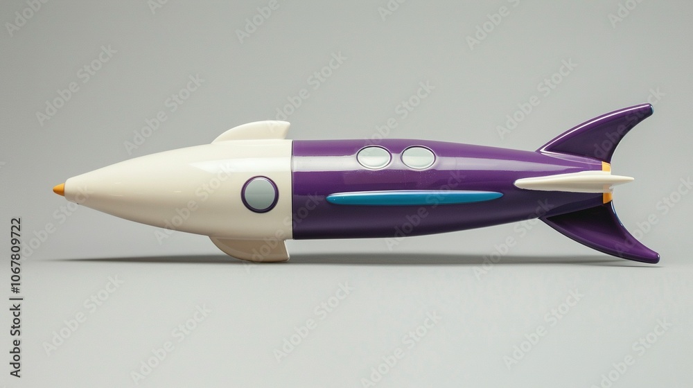 A Purple and White Toy Rocket Ship with Orange Tip A Purple and White Toy Rocket Ship with Orange Tip