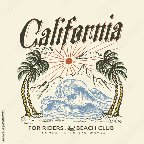 Vintage hand Drawn summer t shirt design. Big Waves under the mountain. vintage calligraphic text print. hand drawn mountain, waves, sea, sun, palm tree, vector graphic