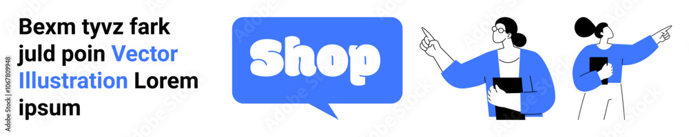 Male and female figures pointing towards a speech bubble with the word Shop. Ideal for online shopping, e-commerce, digital marketing, web design, retail promotion. Banner for landing page Male and female figures pointing towards a speech bubble with the word Shop. Ideal for online shopping, e-commerce, digital marketing, web design, retail promotion. Banner for landing page