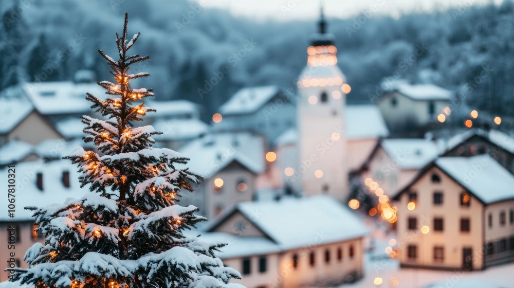 Snowy Winter Village with Christmas Lights at Dusk Snowy Winter Village with Christmas Lights at Dusk