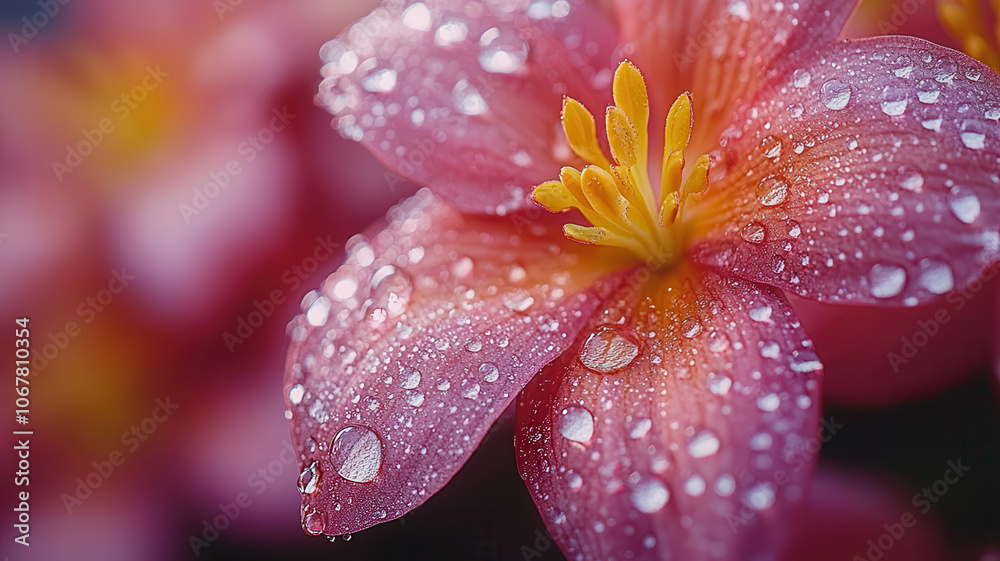 Beautiful close up of pink flower with dewdrops, showcasing nature elegance Beautiful close up of pink flower with dewdrops, showcasing nature elegance