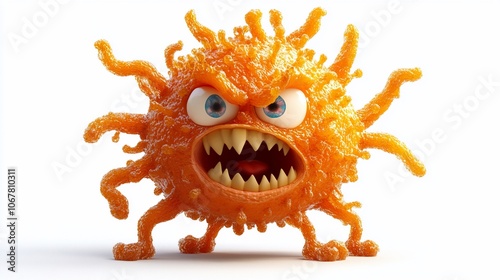 A cartoon virus with a menacing expression, complete with sharp teeth, bulging eyes and spiky arms, against a white background.