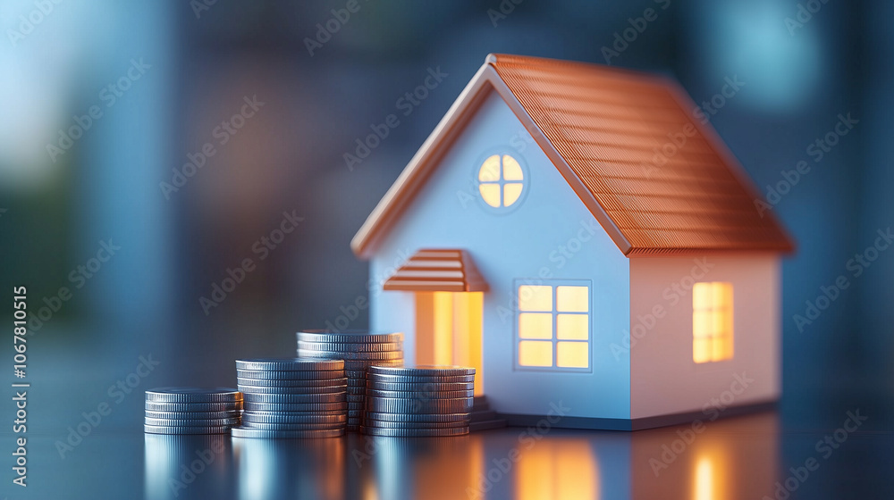 miniature house model with warm glow sits beside stacks of coins, symbolizing concept of real estate investment and financial growth. miniature house model with warm glow sits beside stacks of coins, symbolizing concept of real estate investment and financial growth.