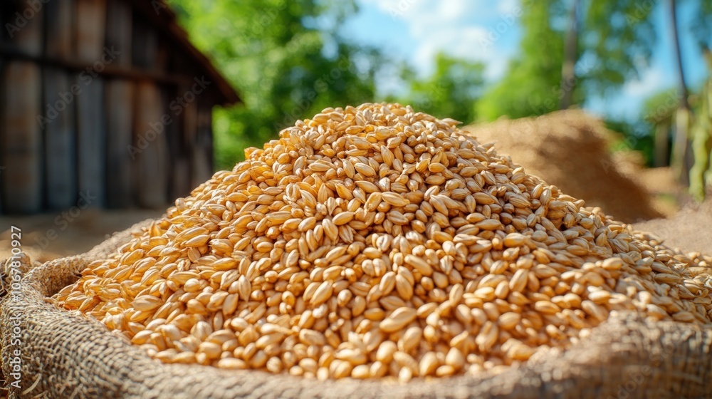 A burlap sack filled with golden wheat grains. A burlap sack filled with golden wheat grains.