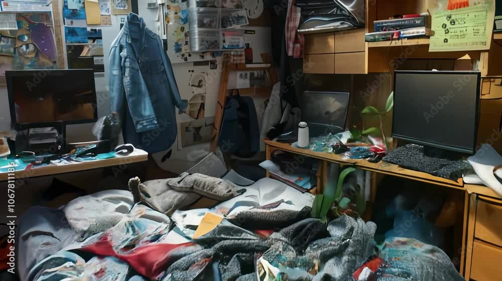 Teenager's bedroom with clothes, books and cds thrown around Teenager's bedroom with clothes, books and cds thrown around