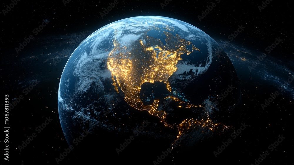 Fototapeta premium 3D Render of Earth at Night with Glowing City Lights. Generative AI