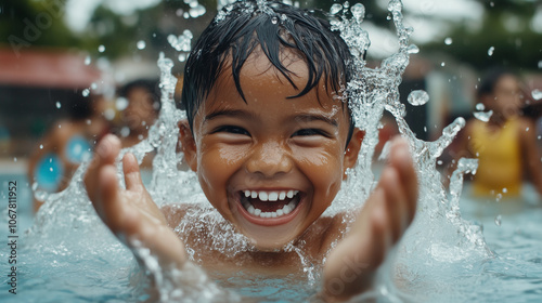 Young Boy Splashing in Pool