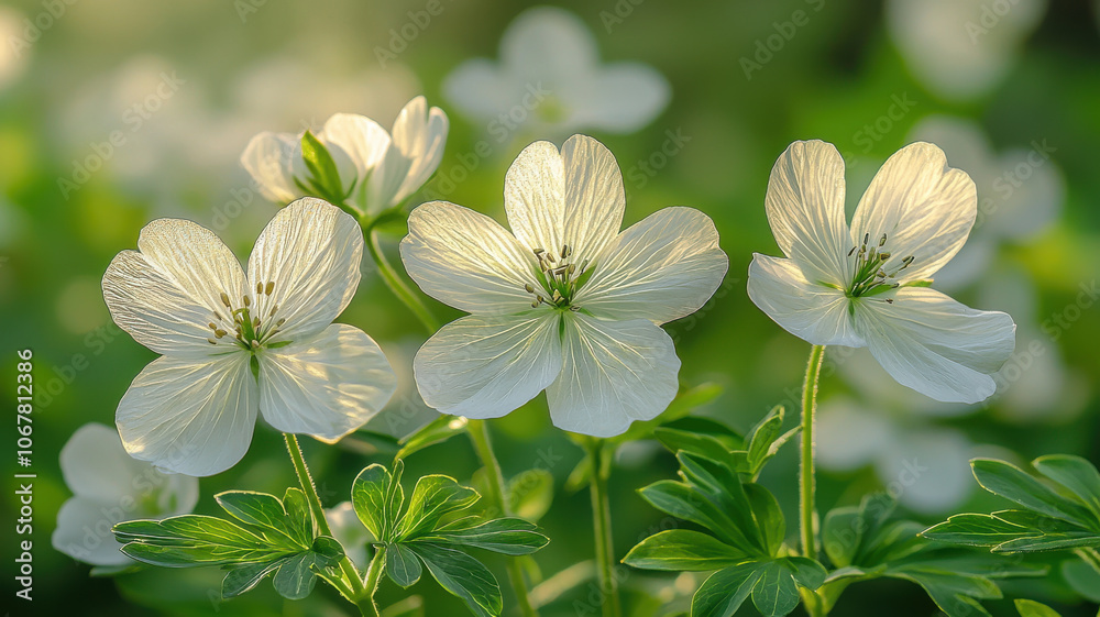 Beautiful close up of white flowers with delicate petals and green leaves Beautiful close up of white flowers with delicate petals and green leaves