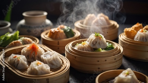 A steaming selection of dumplings in bamboo steamers, showcasing vibrant colors and textures.