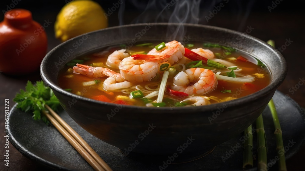 A steaming bowl of shrimp soup garnished with herbs and vegetables, served in a dark bowl. A steaming bowl of shrimp soup garnished with herbs and vegetables, served in a dark bowl.