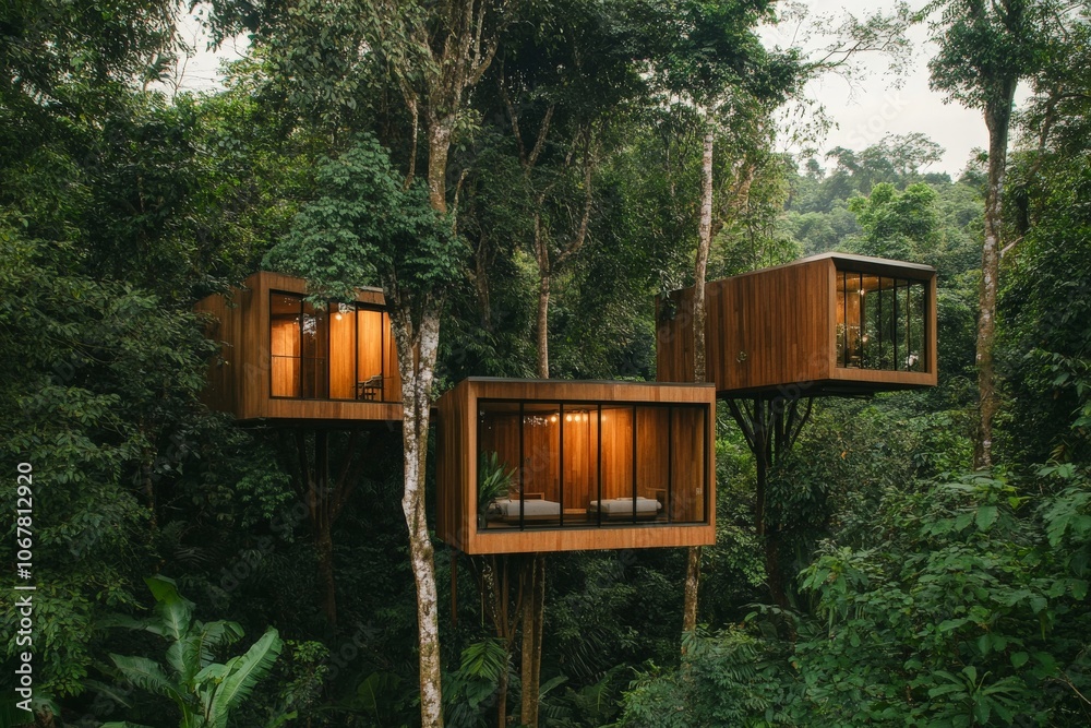 A set of three modern wooden cabins elevated among lush green trees within a dense forest, the warm glow from inside highlighting their inviting allure. A set of three modern wooden cabins elevated among lush green trees within a dense forest, the warm glow from inside highlighting their inviting allure.