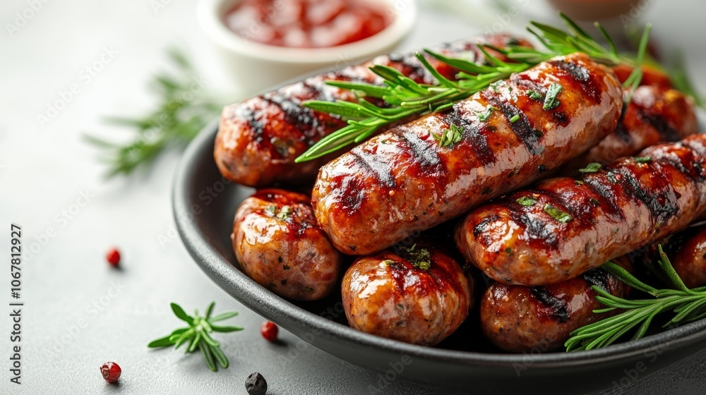 Smoked Sausages with Rosemary on White Background. Generative AI Smoked Sausages with Rosemary on White Background. Generative AI