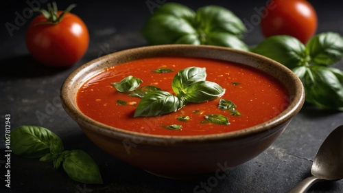 A bowl of vibrant tomato soup garnished with fresh basil leaves, surrounded by tomatoes and basil.