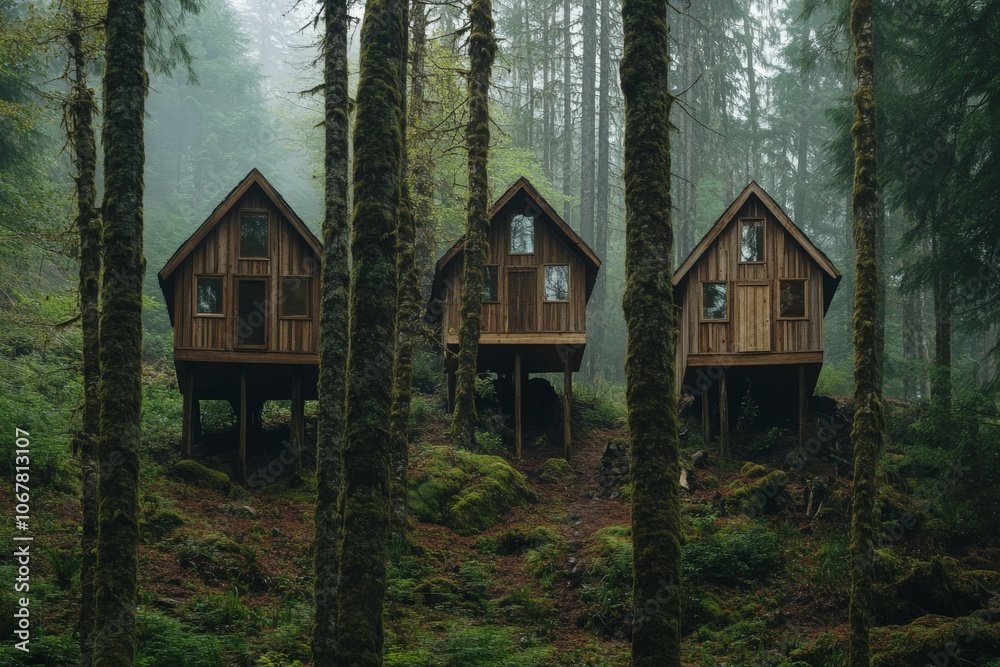 Three charming gabled wooden cabins elevated on stilts in a mystical forest setting, combining rustic style with nature's tranquility and a sense of magical retreat. Three charming gabled wooden cabins elevated on stilts in a mystical forest setting, combining rustic style with nature's tranquility and a sense of magical retreat.