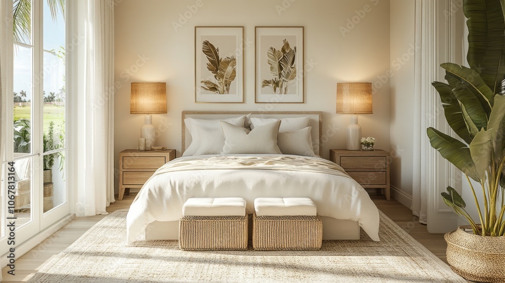 Luxurious Bedroom with Tropical Touches and a White Bed Luxurious Bedroom with Tropical Touches and a White Bed