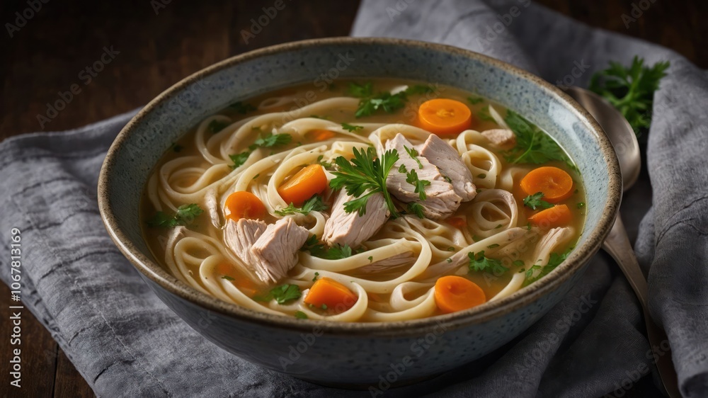 A bowl of chicken noodle soup with carrots and herbs, served on a rustic table. A bowl of chicken noodle soup with carrots and herbs, served on a rustic table.