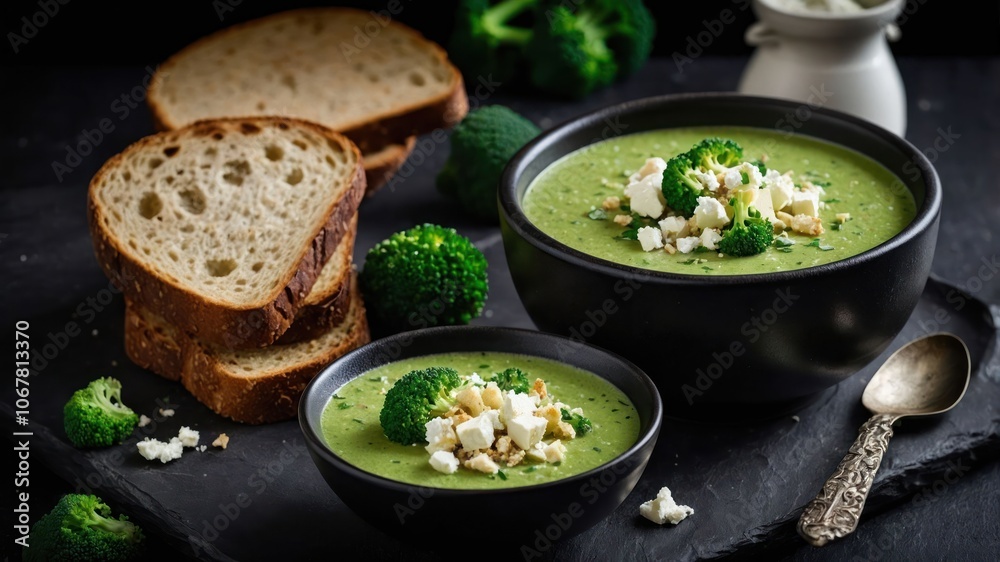 A delicious green soup served with bread and garnished with broccoli and cheese. A delicious green soup served with bread and garnished with broccoli and cheese.