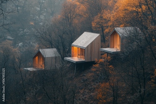 Three ethereal wooden cabins with warm glowing interiors stand majestically on a forested hillside, attracting with their serene presence and warm illumination.