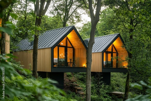 Two contemporary cabins with bright interiors contrast against the vibrant green forest setting, highlighting modern architecture amidst the natural environment.