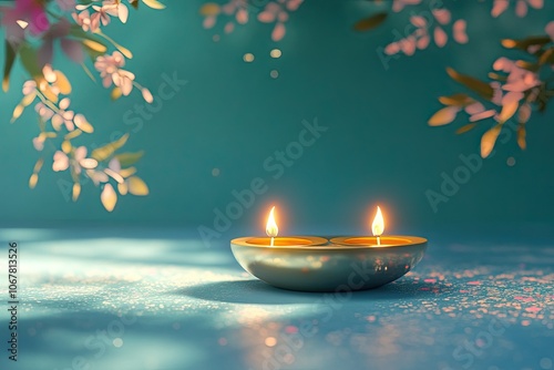 oil lamps in elegant bowl shiny isolated on stylish blue and fleck of light background floral shape for lively celebration  photo