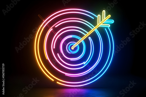 An electrifying neon outline of a target market symbol on a black backdrop with bullseye and arrows -- 3:2 aspect ratio and 50% saturation.