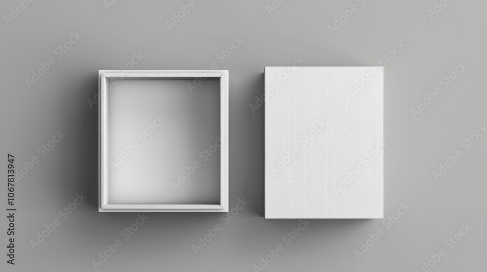 White Blank Rectangular Box Mockup on Gray Background, Open and Closed, Top View, 3D Template for Design