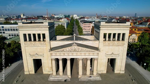 Beautiful aerial footage The Propylaea is a city gate in Munich at the west side of Königsplatz. photo