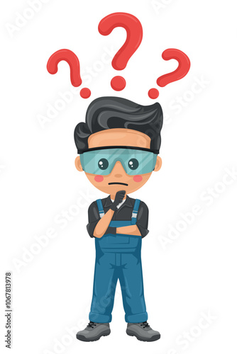 Maintenance technician pensive and expressing doubt with question sign for FAQ concept. Handyman with personal protective equipment focused on maintenance repairs in industrial and domestic