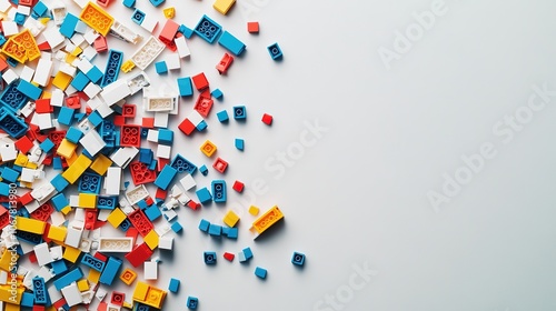 A colorful assortment of building blocks scattered on a surface.
