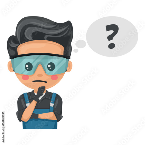 Maintenance technician pensive and expressing doubt with question sign for FAQ concept. Handyman with personal protective equipment focused on maintenance repairs in industrial and domestic
