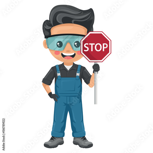 Maintenance technician with stop sign. Handyman with personal protective equipment, safety glasses, overalls and gloves, focused on maintenance, repairs in industrial and domestic environments