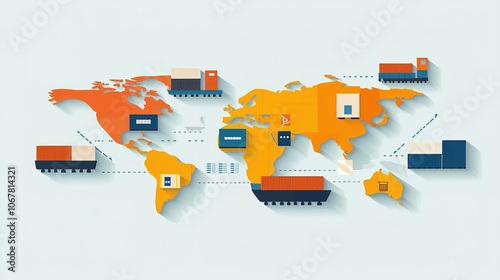 A modern illustration of a world map showcasing shipping routes, cargo containers, and global trade connections in vibrant colors.