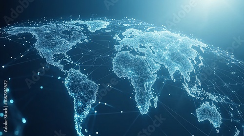 A stylized, digital representation of the Earth, depicted as a network of interconnected dots and lines, highlighting the interconnectedness and global reach of technology. photo