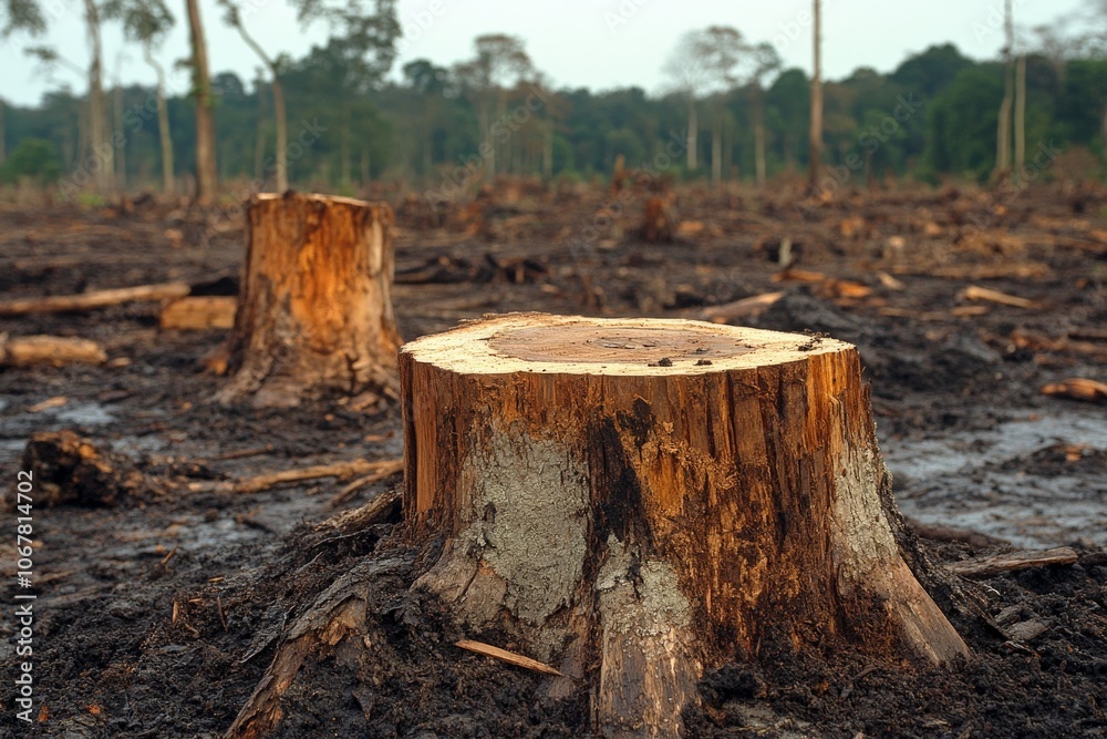 An impactful image showcasing a deforested rainforest area, with tree stumps scattered across the barren landscape, symbolizing environmental degradation. An impactful image showcasing a deforested rainforest area, with tree stumps scattered across the barren landscape, symbolizing environmental degradation.