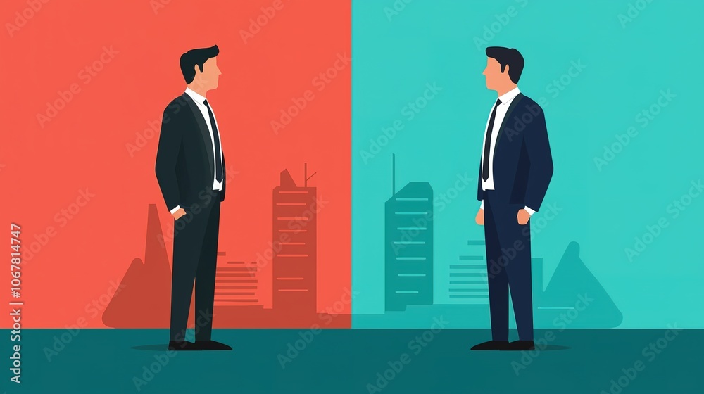 Two businessmen in suits stand facing each other against contrasting backgrounds, symbolizing negotiation or resolution in a corporate setting. Two businessmen in suits stand facing each other against contrasting backgrounds, symbolizing negotiation or resolution in a corporate setting.